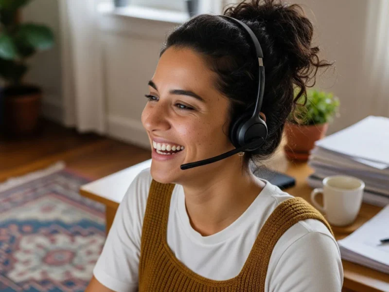 Professional receptionist with headset engaging in a customer call laughing from a modern office environment