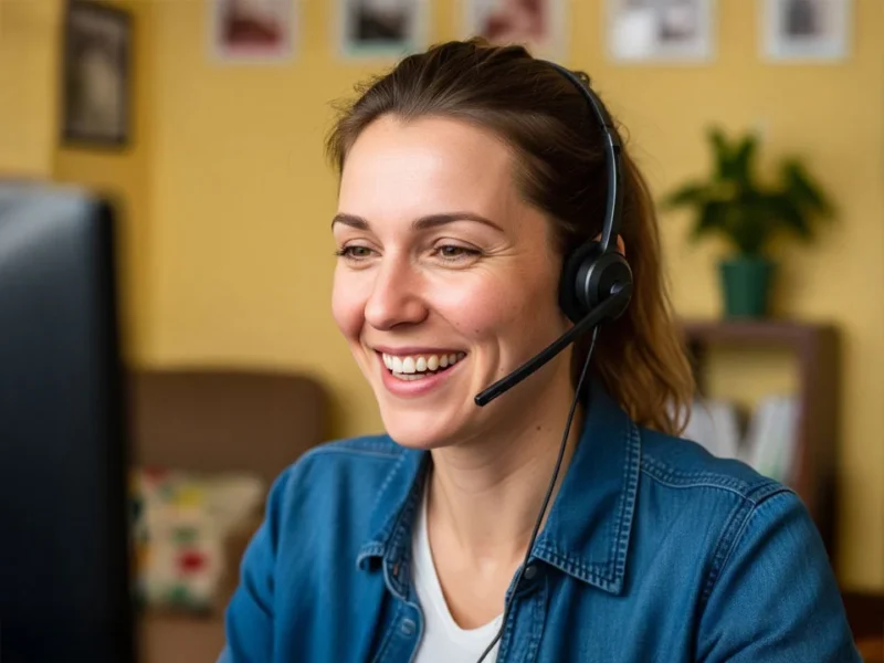Smiling receptionist in headset taking client calls from a tidy desk with computer—friendly remote office setting.