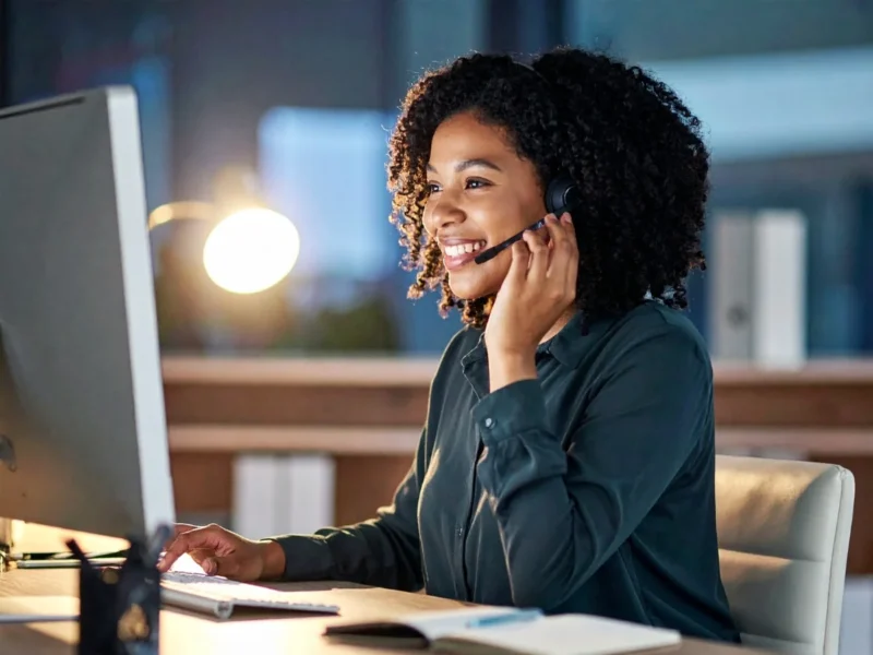 An African American virtual receptionist answering a business phone call after hours.