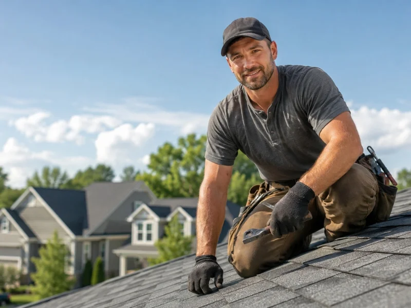 A roofer working at height while US-based roofing answering service ReceptionHQ answers their inbound calls.